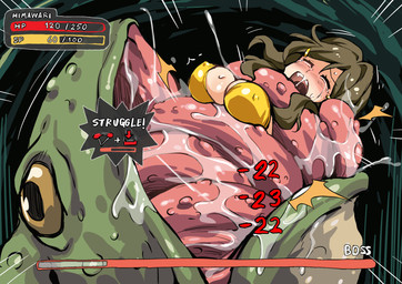 big_breasts bikini bikini_top blush bodily_fluids breasts brown_hair button_prompt cave clothed clothing coiling damage_numbers defeated duo emanata eyes_closed female female_prey feral fight footwear front_view fully_restrained gameplay_mechanics green_body green_skin gui hair health_bar huge_breasts human_prey immobilization larger_pred light_body light_skin long_tongue negative_number nipple_outline number open_mouth restrained ryona saliva size_difference sweat swimwear text tongue tongue_coil tongue_out two-piece_swimsuit vore yellow_bikini yellow_clothing yellow_eyes yellow_swimwear arniro vividred_operation himawari_shinomiya amphibian frog human mammal character_name hi_res