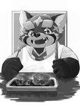 anthro bodily_fluids cutlery eyebrows fork grill hungry kitchen_utensils knife male necktie open_mouth saliva smile solo thick_eyebrows tools young zimsanada2 lifewonders tokyo_afterschool_summoners zhurong_(tas) ailurid mammal red_panda 3:4 hi_res monochrome