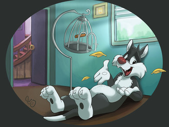 anthro cheek_tuft chest_tuft claws facial_tuft fur glistening glistening_eyes grey_body grey_fur inside logo looking_at_viewer male male_anthro nude open_mouth open_smile red_nose red_tongue smile solo toe_claws tongue tuft vore white_body white_claws white_fur window pandapaco looney_tunes warner_brothers sylvester_(looney_tunes) domestic_cat felid feline felis mammal artist_logo signature