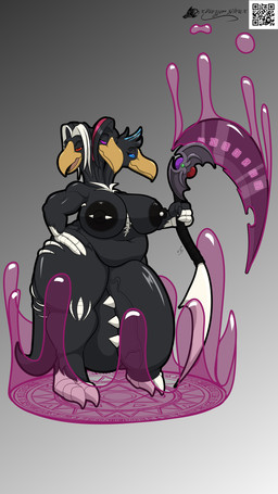 3_heads anthro atropos balls bone breasts bulge butt clothing conjoined dark death detailed_bulge foreskin genitals gynomorph helms hyper intersex magic melee_weapon multi_head nude obese outlines overweight penis piercing polearm qr_code robe scythe skull weapon xdiegosilvax castlevania konami libitina slogra monster 9:16 absurd_res hi_res