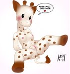 anthro beady_eyes bedroom_eyes blush breasts brown_ears dialogue female genitals hooves horn inviting narrowed_eyes presenting presenting_pussy pussy seductive small_breasts solo spots tail tail_tuft text tuft white_body nsfy_(artist) sophie_la_giraffe giraffe giraffid mammal french_text hi_res translated