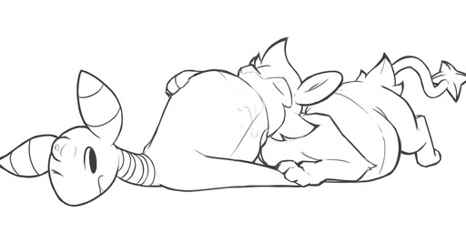 belly duo feral lying on_front oral_vore simple_background vore white_background mienvian nintendo pokemon ampharos generation_2_pokemon generation_4_pokemon luxio pokemon_(species) 2025 monochrome