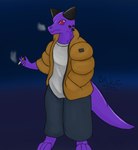 ambiguous_gender anthro barefoot blue_background bottomwear cigarette clothing feet grey_bottomwear grey_clothing grey_pants horn jacket looking_at_viewer pants purple_background purple_body purple_scales red_eyes scales shirt simple_background smoke smoke_from_nose smoking smoking_cigarette solo t-shirt tail topwear white_clothing white_shirt white_topwear yellow_clothing yellow_jacket_(clothing) yellow_topwear bake_a_snake mythology dragon kobold mythological_creature mythological_scalie scalie absurd_res hi_res