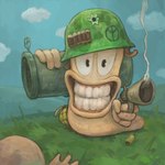 4_fingers ambiguous_gender armor blue_sky cloud combat_helmet day death duo explosives feral fingers floating_hands grass green_helmet grenade gums gun headgear helmet holding_gun holding_object holding_ranged_weapon holding_rocket_launcher holding_weapon implied_killing limbless looking_at_viewer noseless outside plant ranged_weapon rocket_launcher sky smoke solo_focus toothy_grin weapon rotten_flassh worms_(series) worm worm_(worms) 1:1 digital_media_(artwork)