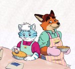 anthro apron black_nose blue_body blue_fur bottomwear clothing cooking dessert duo food fur male pants pastry pie shirt slightly_chubby topwear white_body white_fur gerardson disney zootopia gideon_grey canid canine domestic_cat felid feline felis fox mammal red_fox true_fox 2016