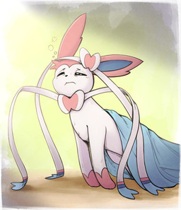 ambiguous_gender feral fur gloves_(marking) markings one_eye_closed pink_body pink_fur quadruped ribbons_(anatomy) simple_background solo tired waking_up white_body white_fur yellow_background otakuap nintendo pokemon eeveelution generation_6_pokemon pokemon_(species) sylveon hi_res shaded