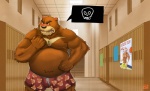 angry anthro belly biceps big_muscles blush bone boxers_(clothing) brown_body brown_fur clothed clothing embarrassed fur male musclegut muscular muscular_anthro muscular_male nipples pecs skull slightly_chubby solo swimming_trunks swimwear topless underwear cuson morenatsu juuichi_mikazuki bear black_bear mammal moon_bear ursine 2013