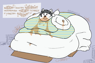 anthro belly belly_on_ground big_belly big_breasts big_butt blush breasts burping butt cereal churn clothed clothing dark_hair dialogue dialogue_box dialogue_with_sound_effects double_chin extended_sound_effect fat_arms fat_rolls female food grease grease_stains grey_hair hair huge_belly huge_butt huge_hips immobile looking_at_viewer morbidly_obese morbidly_obese_anthro morbidly_obese_female obese obese_anthro obese_female onomatopoeia open_mouth overweight overweight_anthro overweight_female pattern_clothing rumbling_stomach shirt simple_background slob solo sound_effect_variant sound_effects stretch_marks tail tail_motion tailwag text text_box topwear underwear white_body wide_hips wobbling fatfckinfish undertale undertale_(series) temmie_(undertale) tem english_text