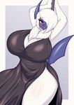 2023 absol anthro big_breasts black_clothing black_dress breasts chest_tuft cleavage clothed clothing curvy_figure dancing dress female generation_3_pokemon hair hair_over_eye hands_behind_head hi_res hourglass_figure huge_breasts nintendo one_eye_obstructed pokemon pokemon_(species) pole pole_dancing side_slit_dress solo tailzkim tuft