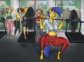 anthro athletic_wear bodily_fluids detailed_background exercise female group gym male pose sweat sweaty_body workout juninhooficial juninho_(juninhooficial) equid equine horse mammal pony absurd_res hi_res pinup