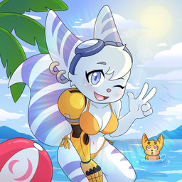 anthro ball beach beach_ball bikini blue_eyes breasts clothing collarbone cybernetic_arm cybernetic_limb duo ear_piercing ear_ring eyebrows eyelashes eyewear eyewear_on_head female female_focus fur gesture goggles goggles_on_head hand_gesture hand_on_leg hand_on_thigh heart_eyes heart_symbol inflatable male navel one_eye_closed open_mouth open_smile outside piercing ring_piercing side-tie_bikini smile string_bikini striped_body striped_fur stripes sun swimwear two-piece_swimsuit v_sign white_body white_fur wink yellow_bikini yellow_body yellow_clothing yellow_fur yellow_swimwear efextex ratchet_and_clank sony_corporation sony_interactive_entertainment ratchet_(ratchet_and_clank) rivet_(ratchet_and_clank) lombax mammal 1:1 2025 absurd_res hi_res
