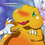 anthro blush burger cheek_bulge duo feeding food force_feeding forced green_eyes overfeeding overweight text yellow_body blaueseele bandai_namco digimon agumon digimon_(species) human mammal 1:1 2022 english_text hi_res