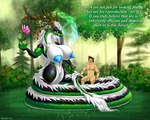 anthro antlers balls belly big_breasts breasts coiling detailed_background duo eye_contact female flower forest genitals green_body hair halo horn huge_breasts long_hair looking_at_another male male/female muscular nipples nude outside penis plant pussy serpentine sitting_on_another tail tail_tuft text tree tuft white_belly white_hair ahkvenir deity human mammal reptile scalie snake 5:4 absurd_res english_text hi_res