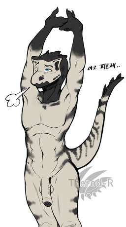 anthro balls blue_eyes breath flaccid foreskin genitals glans gloves_(marking) hands_above_head male markings mottled mottled_body navel nude partially_retracted_foreskin pecs penis snout solo stretching tail tail_spines text vein veiny_penis vitaliachiever gamma_(vitaliachiever) dinosaur prehistoric_species reptile scalie hi_res korean_text signature translated unavailable_at_source