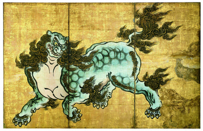 ambiguous_feral ambiguous_gender claws dewclaw digitigrade fangs feral finger_claws frown green_body mane markings quadruped simple_background solo spots spotted_body standing tail teeth three-quarter_view toe_claws kanou_sanraku felid lion mammal pantherine 17th_century absurd_res ancient_art hi_res painting_(artwork) traditional_media_(artwork) traditional_painting_(artwork)