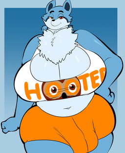 big_breasts bottomwear breasts bulge cleavage clothed clothing crop_top gynomorph hooters_uniform huge_breasts intersex looking_at_viewer shirt shorts solo topwear wide_hips denizen1414 hooters hi_res