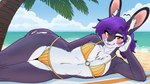 ahoge anthro beach bikini bite biting_lip blush breasts cheek_spots clothing cloud dipstick_ears ear_markings eyebrows female fur hair heart_eyes heart_symbol lying multicolored_ears on_side palm_tree plant ponytail purple_body purple_fur purple_hair raised_eyebrow sand sea seaside sky small_breasts smile smiling_at_viewer smirk smirking_at_viewer solo surfboard swimwear tree two-piece_swimsuit water white_body white_fur vivianbunnyarts vivian_bunny_(vivianbunnyarts) lagomorph leporid mammal rabbit 16:9 4k absurd_res digital_media_(artwork) hi_res wallpaper widescreen