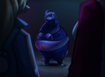 ambiguous_gender anthro belly belly_blush belly_inflation blue_body blue_fur blue_hair blueberry_inflation blush body_blush body_inflation bottom_heavy clothed clothing ears_down exposed_belly female fur group hair hand_on_belly inflation navel pivoted_ears scared solo_focus standing trio worried locksnurf charlie_and_the_chocolate_factory ashley_kane ambiguous_species canid canine fennec_fox fox mammal true_fox 2026 hi_res