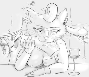alcohol animal_genitalia animal_penis anthro beverage bodily_fluids breasts bulge clothed clothing disembodied_penis drunk equine_genitalia equine_penis female genitals group knot licking male male/female nipples one_breast_out oral penile penis penis_lick saliva sex sideways_oral solo_focus substance_intoxication tapering_penis tongue tongue_out underwear unzipped wine zipper unknown_artist bojack_horseman netflix princess_carolyn domestic_cat felid feline felis mammal line_art monochrome