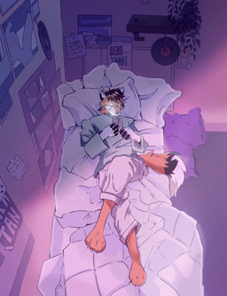 anthro barefoot bed bedding black_body black_fur bottomwear brown_hair cellphone clothed clothing crossed_legs day dipstick_tail electronics feet front_view fur furniture glistening glistening_hair hair holding_cellphone holding_object holding_phone holding_smartphone inside looking_at_cellphone looking_at_object looking_at_phone lying male markings multicolored_body multicolored_fur note on_back on_bed orange_body orange_fur pants phone pillow plant plant_pot potted_plant relaxing short_hair smartphone solo tail tail_markings topwear vinyl_record white_body white_bottomwear white_clothing white_fur white_pants akatan_art beastars canid canine fox mammal digital_media_(artwork) full-length_portrait hi_res portrait