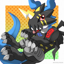 ambiguous_gender armor blue_body chibi claws happy horn markings red_eyes solo tongue tongue_out white_claws yellow_markings elferin bandai_namco digimon digimon_(species) raidramon 1:1 hi_res