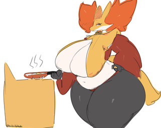 anthro belly big_breasts black_body black_fur breasts cooking curvy_figure egg_(food) female fried_egg fur half-closed_eyes hand_on_hip holding_pan huge_breasts inner_ear_fluff looking_at_viewer narrowed_eyes navel pan red_body red_fur ring simple_background solo standing tail thick_thighs tuft voluptuous white_background white_body white_fur wide_hips yellow_body yellow_fur salchikokokoko nintendo pokemon delphox generation_6_pokemon pokemon_(species) hi_res