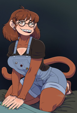 anthro bed clothing eyewear female footwear furniture glasses nerd sandals shoes simple_background solo zimakum carol_(redustheriotact) haplorhine mammal monkey primate absurd_res digital_drawing_(artwork) digital_media_(artwork) hi_res