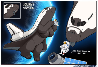ambiguous_gender anthro astronaut black_body breasts clothed clothing duo extreme_size_difference featureless_breasts female female_anthro larger_female machine multicolored_body pupils size_difference smaller_ambiguous smaller_human smile space space_shuttle spacecraft spacesuit text tongue tongue_out vehicle white_body white_clothing colarix journy_(colarix) human living_machine living_spacecraft mammal english_text hi_res url