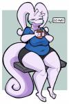 3_toes 4_fingers antennae_(anatomy) anthro belly beverage big_breasts biped bottomwear breasts clothed clothing container cup curled_tail dialogue eyes_closed feet female fingers holding_beverage holding_object overweight overweight_anthro overweight_female shirt shorts sitting solo speech_bubble tail text thick_tail thick_thighs tired toes topwear wide_hips aimbot-jones mythology nintendo pokemon wasabi_(nonbearnary) dragon generation_6_pokemon goodra mythological_creature mythological_scalie pokemon_(species) scalie 2019 english_text hi_res