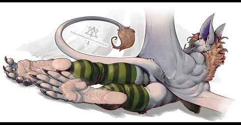anthro back_wings black_bars claws clothing feet foot_focus fur hair legwear legwear_only looking_at_viewer looking_back looking_back_at_viewer male mostly_nude smile soles solo stockings stockings_only tail toes wings kredri bat mammal letterbox