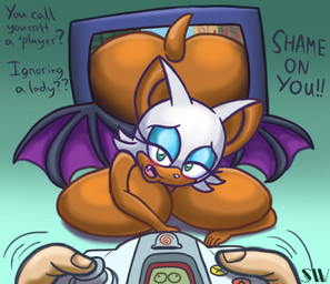 anthro bedroom_eyes big_breasts big_butt blush breast_squish breasts brown_body butt controller dialogue dreamcast_controller female game_controller huge_breasts looking_at_viewer narrowed_eyes nude seductive sega_controller squish shadowwalk sega sega_dreamcast sonic_the_hedgehog_(series) rouge_the_bat bat mammal