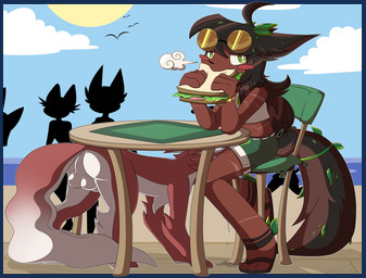 :> ambient_silhouette animal_genitalia anthro anthro_on_feral ass_up balls beach bestiality big_eyes blush butt chair clothing cloud cunnilingus dark_body dark_skin duo_focus eating eyewear fakephilia feet female feral flowing_tail food footwear furniture genitals green_eyes group implied_cunnilingus interspecies leaf leaves_in_hair looking_aside male male/female on_chair oral paws penis sandals sandwich_(food) scar scars_all_over sea seaside sex sheath shoes silhouette sitting sitting_on_chair smile sun sunglasses table under_table vaginal water nightdazed fakemon fan_character ambient_bird ambient_flier avian bird canid canine canis human humanoid hybrid mammal wolf 2021 digital_media_(artwork) hi_res