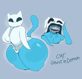 ambiguous_gender anthro blue_body bottomless bottomless_anthro clothed clothing ghost_costume grey_background looking_at_viewer raised_tail simple_background solo tail teeth teeth_showing thick_thighs wide_hips guhg_kemonowo demon domestic_cat felid feline felis ghost mammal spirit