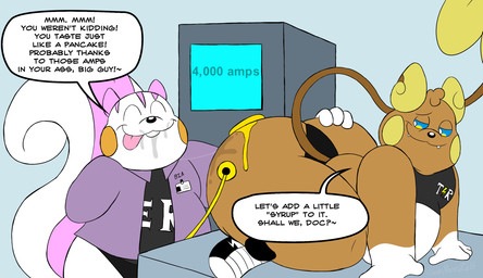^_^ anal anthro belly big_butt black_bottomwear black_clothing black_thong black_underwear blue_sclera bodily_fluids bottomwear brown_body brown_tail butt butter check_up clothed clothing coat crop_top curled_tail dairy_products dialogue dipstick_tail doctor dripping duo electrical_plug electricity eyes_closed fangs food food_fetish food_on_butt food_play footwear grey_clothing grey_shirt grey_topwear head_tuft huge_butt id_card inspection kneeling lab_coat licking logo_on_clothing lying machine male male/male markings medical mostly_nude multicolored_sclera narrowed_eyes on_front oral pink_ears pink_markings pink_tail_tuft purple_clothing purple_coat purple_topwear rimming saliva saliva_drip saliva_on_butt saliva_on_face saliva_string sex shirt shoes skimpy smile speech_bubble tail tail_markings tail_tuft teasing teeth text text_on_clothing text_on_shirt text_on_topwear thick_thighs thong tongue tongue_out topwear tuft underwear white_belly white_eyes white_hands white_tail wire yellow_cheeks yellow_ears yellow_sclera yellow_tail_tip chonkymouse nintendo pokemon pancake_(chonkymouse) zerek_(chonkymouse) alolan_form alolan_raichu generation_4_pokemon generation_7_pokemon pachirisu pokemon_(species) regional_form_(pokemon) 2026 colored dated digital_media_(artwork) english_description english_text hi_res signature watermark