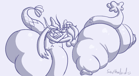 anthro big_butt butt expansion female huge_butt inflation kiss_on_lips kissing nude puffkiss thick_thighs wide_hips sephaloid nintendo pokemon generation_3_pokemon generation_7_pokemon milotic pokemon_(species) primarina aliasing blue_and_white digital_media_(artwork) monochrome