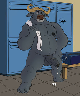 5_fingers 5_toes anthro areola bag balls bodily_fluids cum cum_drip dripping erection feet fingers foreskin fur genital_fluids genitals horn humanoid_feet humanoid_genitalia humanoid_penis leaking_cum locker locker_room male moobs musclegut muscular navel nipples nude partially_retracted_foreskin pecs penis plantigrade simple_background smile solo standing toes towel towel_on_shoulder vein veiny_penis gendomx disney zootopia chief_bogo bovid bovine cape_buffalo human mammal digital_media_(artwork) hi_res