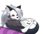 anthro big_breasts breasts cellphone cleavage clothed clothing collar ear_piercing ear_ring electronics female grey_hair hair holding_cellphone holding_object holding_phone huge_breasts hyper hyper_breasts looking_back phone piercing red_sclera ring_piercing sitting solo spiked_collar spikes opo helluva_boss mythology loona_(helluva_boss) canid canid_demon canine demon hellhound mammal mythological_canine mythological_creature