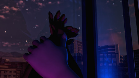 anthro black_body black_fur blue_light city cityscape duo fur grey_body grey_fur inside male male/male pinned_arms pinned_by_hand pinned_to_glass purple_body purple_fur raised_arm standing sunset window draegyn mythology dragon fluffgan hyena mammal mythological_creature mythological_scalie scalie 2026 blender_(artwork) blender_cycles_(artwork) digital_media_(artwork) hi_res
