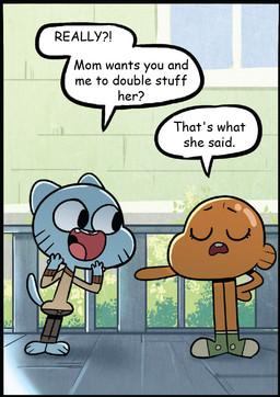 anthro dialogue duo happy interrobang male outside question_mark speech_bubble text young unknown_artist cartoon_network the_amazing_world_of_gumball darwin_watterson gumball_watterson aquatic felid fish mammal comic_sans english_text adopted_(lore) brother_(lore) brothers_(lore) sibling_(lore)