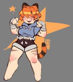 barefoot bottomwear breasts chibi clothed clothed_female clothed_humanoid clothing crop_hoodie feet female female_humanoid front_view hair hair_over_eyes hoodie leg_scar markings open_mouth open_smile orange_hair scar shorts smile solo standing star striped_markings striped_tail stripes tail tail_markings thigh_scar topwear wraps wrist_wraps derpyfox_36 amber_(derpyfox_36) animal_humanoid felid felid_humanoid humanoid mammal mammal_humanoid pantherine pantherine_humanoid tiger_humanoid 2023 digital_drawing_(artwork) digital_media_(artwork) full-length_portrait portrait