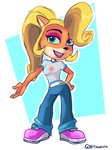 anthro blonde_hair clothing eyeshadow female footwear green_eyes hair lipstick long_hair makeup open_mouth open_smile ponytail smile solo teeth nitroneato activision crash_bandicoot_(series) coco_bandicoot bandicoot mammal marsupial 2019 hi_res signature