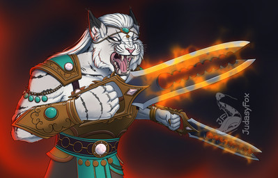 angry anthro armor bodily_fluids bracers chain claws clothed clothing fangs female finger_claws fire fur gem hair jewelry long_hair open_mouth pink_nose rage_face saliva solo stripes teeth text weapon whiskers white_body white_eyes white_fur white_hair judasyfox total_war:_warhammer warhammer_(franchise) warhammer_fantasy bhashiva felid feline mammal pantherine tiger tigermen_(warhammer) absurd_res english_text hi_res
