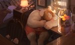 anthro beard bed belly blonde_hair book chair clothing dresser eyewear facial_hair flower furniture glass glasses hair horn lamp lattice long_ears male overweight pillow plant shirt shovel solo tank_top tools topwear underwear vines watering_can window bezdomny undertale_(series) asgore_dreemurr bovid caprine goat mammal hi_res