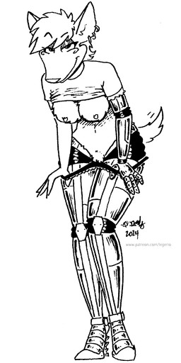 anthro bedroom_eyes breasts clothed clothing cybernetic_arm cybernetic_leg cybernetic_limb ear_piercing ear_ring female fur genitals hair looking_at_viewer narrowed_eyes navel nipples panties piercing raised_clothing raised_shirt raised_topwear ring_piercing seductive shirt solo tail tail_motion tailwag topwear underwear undressing vulva tegerio liz_(tegerio) canid canine canis dingo mammal 2024 black_and_white hi_res monochrome