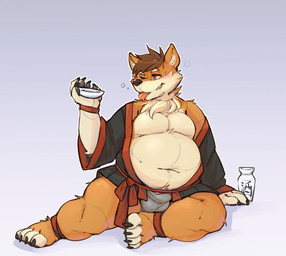 alcohol anthro beverage biped brown_hair bulge drunk fur hair male orange_body orange_fur overweight overweight_anthro overweight_male sake simple_background sitting solo substance_intoxication tongue tongue_out zangusuu canid canine canis domestic_dog mammal