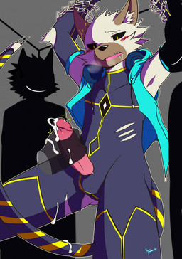 ambiguous_gender anthro blush bodily_fluids bound brown_body brown_fur chain chained clothing cum cum_on_hand cum_on_penis cum_on_tail disembodied_hand drooling electronics erection eyes_closed full_body_suit fur genital_fluids genitals grey_background group handjob headphones humanoid_genitalia humanoid_penis male male/ambiguous open_mouth penile penis saliva sex simple_background tail torn_clothing storm_devil canid canine canis mammal wolf hi_res