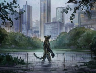 ambiguous_gender anthro biped building camera casual_nudity city city_background detailed_background fur holding_camera holding_object looking_up modern_architecture nude orange_body orange_fur outside partially_submerged sky skyscraper solo spots standing urban water jacato felid leopard mammal pantherine 2020 cool_colors digital_media_(artwork) digital_painting_(artwork) hi_res painting_(artwork)