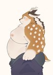 anthro belly big_belly big_moobs blush bottomwear bulge butt clothing kemono male moobs nipples overweight overweight_male pants pulling_up_pants side_view simple_background solo underwear haoming meme_clothing tamacolle tight_pants_(meme) kazusa deer mammal 2023 meme portrait three-quarter_portrait