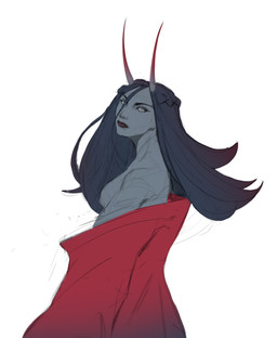 black_eyebrows blue_body blue_hair blue_nipples blue_skin clothed clothing eyebrows female female_humanoid hair horn long_hair looking_at_viewer mouth_closed narrowed_eyes nipples red_clothing red_horn red_topwear sharp_horn simple_background solo topwear white_background edvardiko humanoid absurd_res hi_res