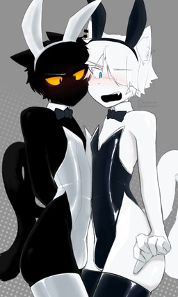 against_chest anthro black_body black_hair blue_eyes blush bow_tie bulge bunny_costume butt close_together clothing costume duo femboy femboy/femboy hair male male/male rubbing_against touching_chest white_body white_hair yellow_eyes dullanboi kiran_mann_(dullanboi) ming_yue_chen_(dullanboi) felid feline humanoid mammal 3:5 hi_res